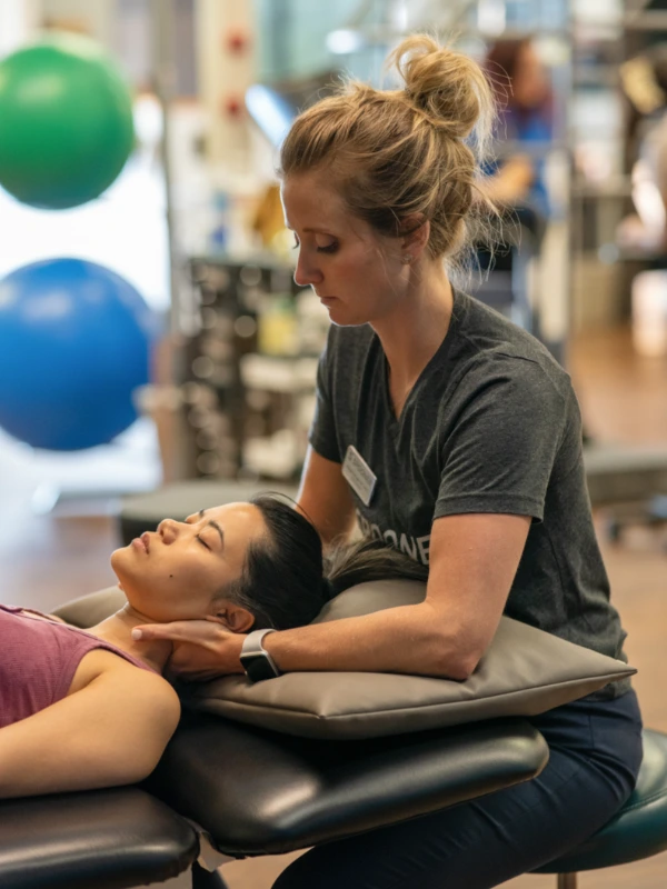 Image of a woman having her head and neck adjusted by a female physical therapist.