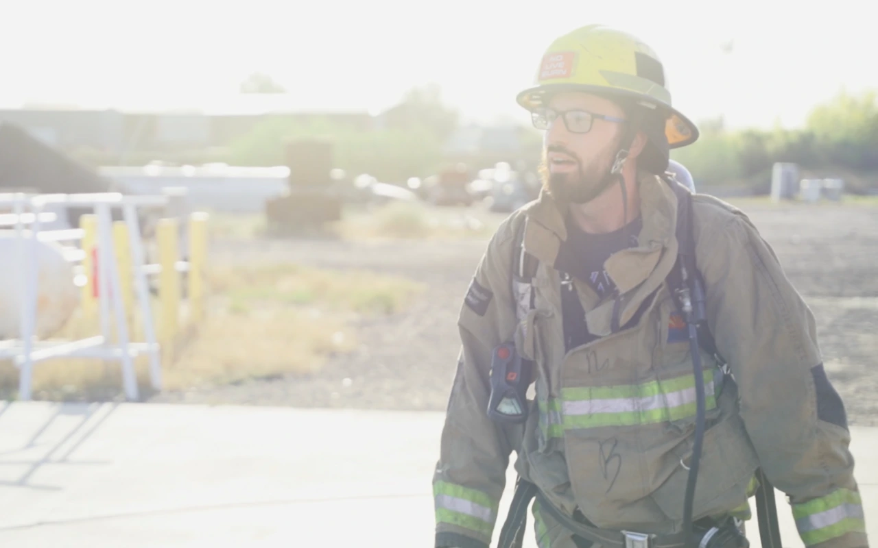 A firefighter on a training course.