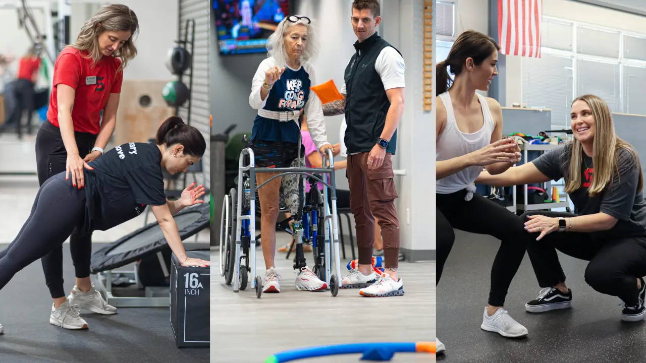 A collage of Abby Burger, Ryan Bell, and Sara Gagliano treating patients.