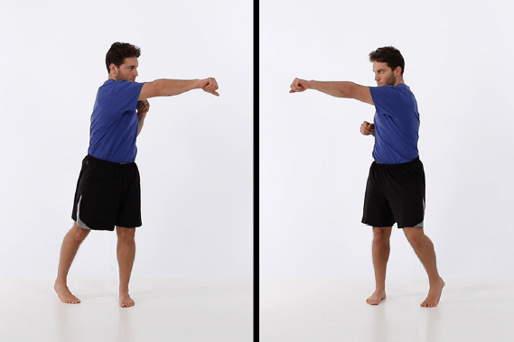 Man performs CROSS BODY REACHES.