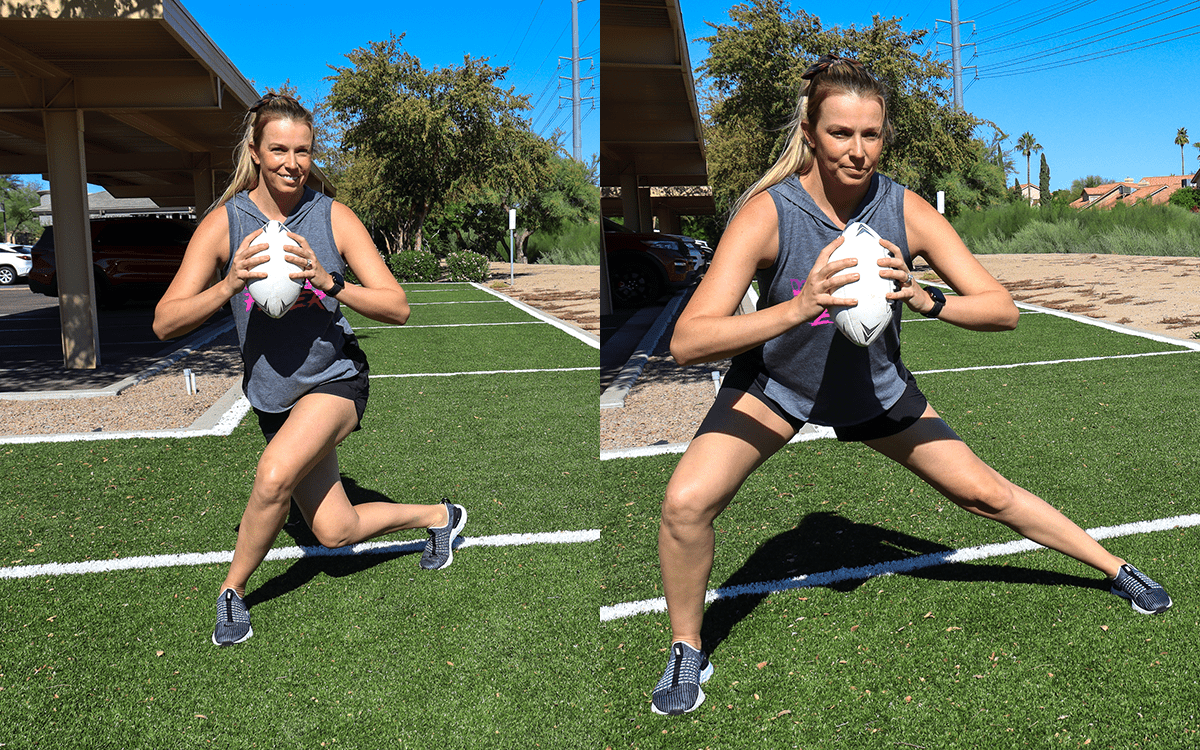A woman doing tri-planner lunges.