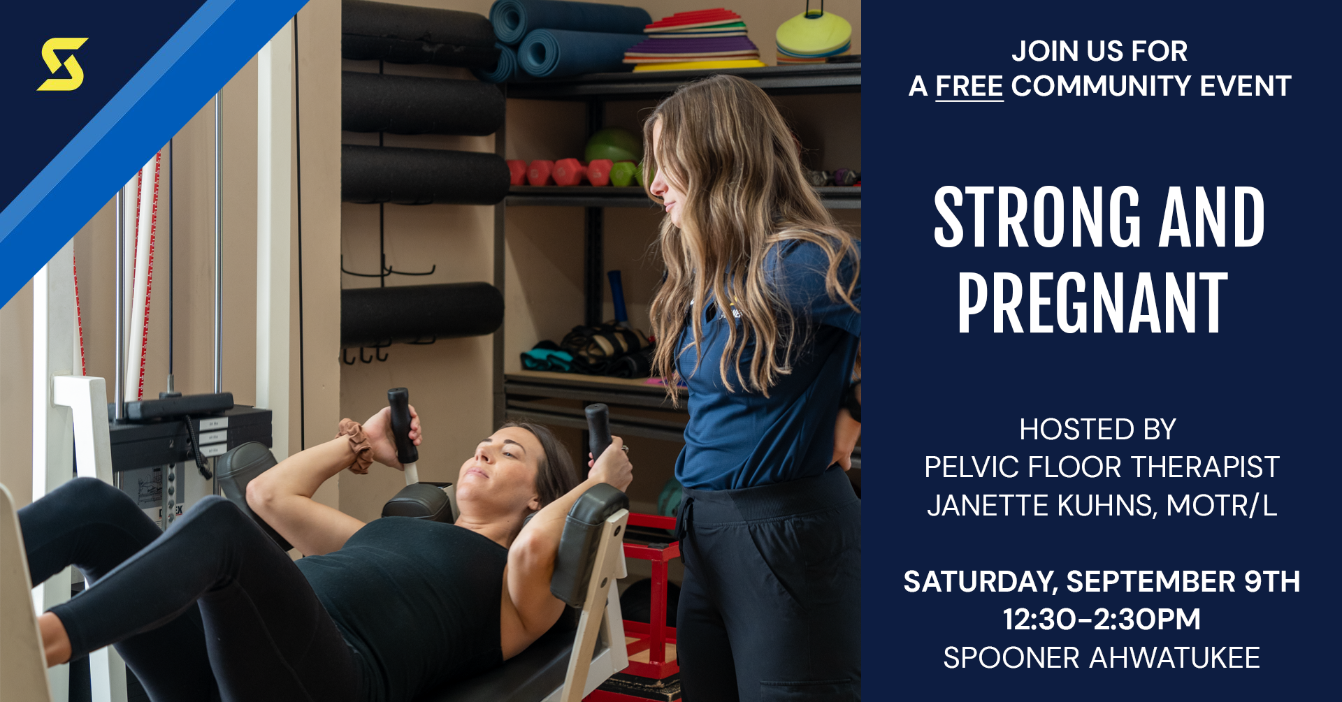 Free community event. Strong and Pregnant hosted by Jenette Kuhns MOTR/L Saturday September 9th at 12:30pm