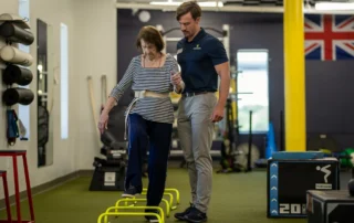 A physical therapist helping an older woman step over some yellow obstacles as part of her physical therapy exercises.