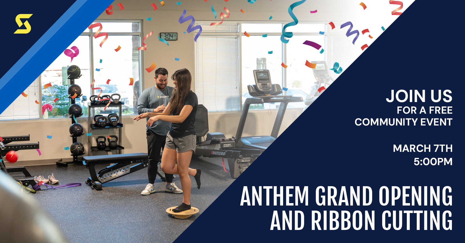 A patient standing on one leg on a balance board next to Parker Hirsch, PT, DPT, FAS at the Spooner Anthem clinic. Image says " Joins us for a free community event. Anthem Grand opening and ribbon cutting. March 7th at 5:00pm."