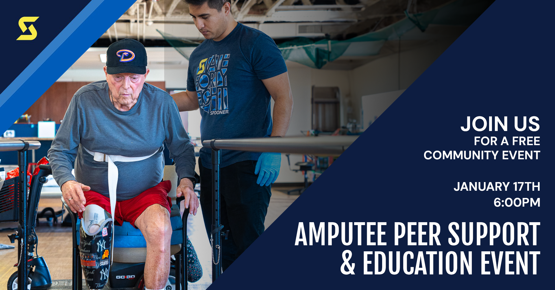 Older man with a prosthetic leg getting out of a wheelchair as a tech helps. image says "Join us for a free community event. Amputee Peer Support and Education Event in Avondale, January 17th, 2024 at 6:00pm."