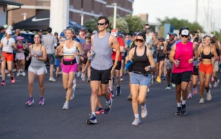 Marathon runners at the start of a race.