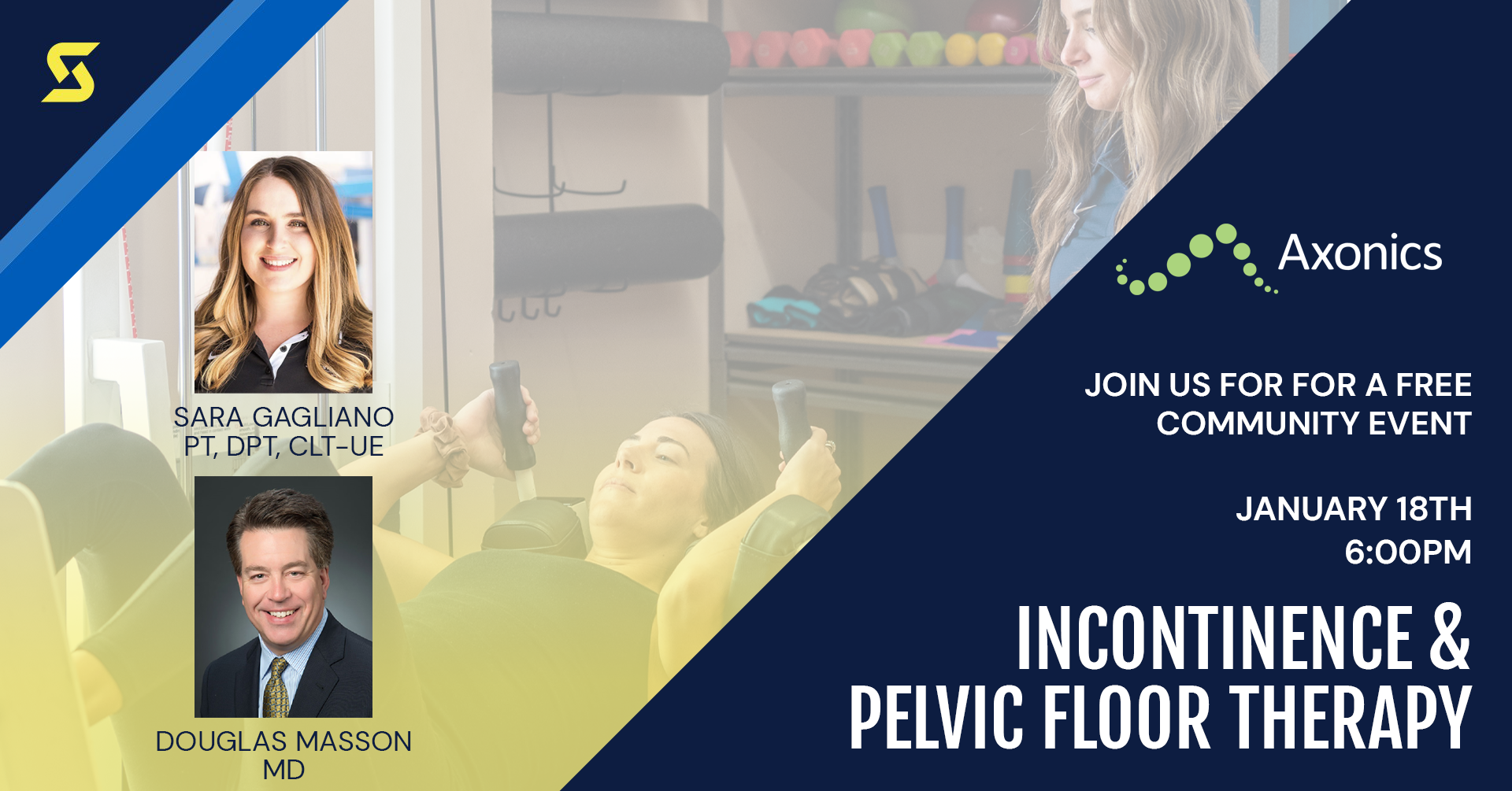 Text says "Join us for a free community event. Incontinence and Pelvic Floor Therapy sponsored by Axonics and Spooner Biltmore. January 18th at 6:00pm."