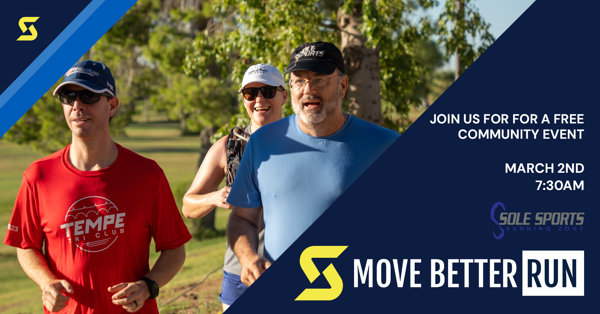 3 people on a run. Move Better Run March 2024 sponsored by Sole Sports. Image says "Join us for a free community event. Move better run, March 2nd at 7:30am."