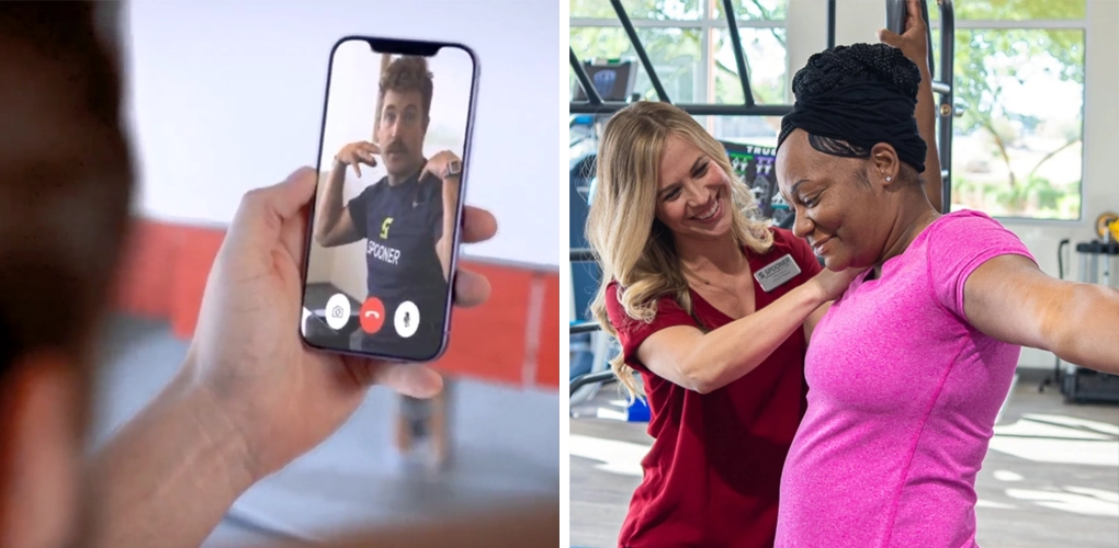MovementPlus_Treatment2 Movement Plus Treatment through a smart phone and and a woman in a pink shirt doing chest stretches.