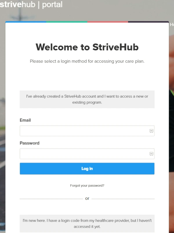 Strivehub log in screen.